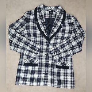Eileen Fisher Black & White Larg Plaid Tweed Blazer  Career Jacket